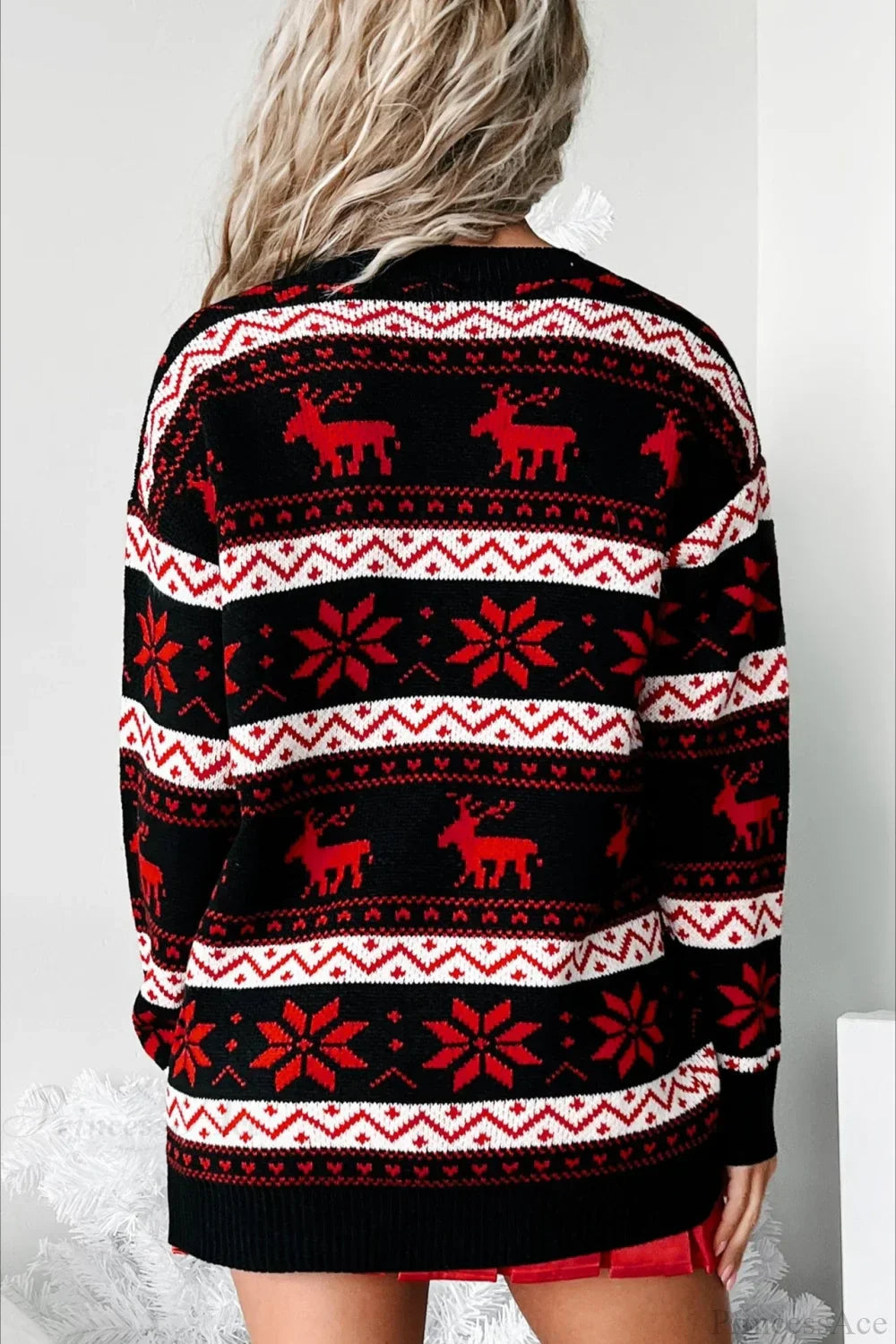 Stilla | Jule V Hals Elg Jacquard Farveblok Strikpullover