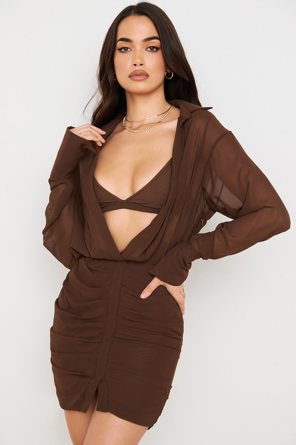 Stilla | Chokolade Chiffon Skjortekjole Og Bralette