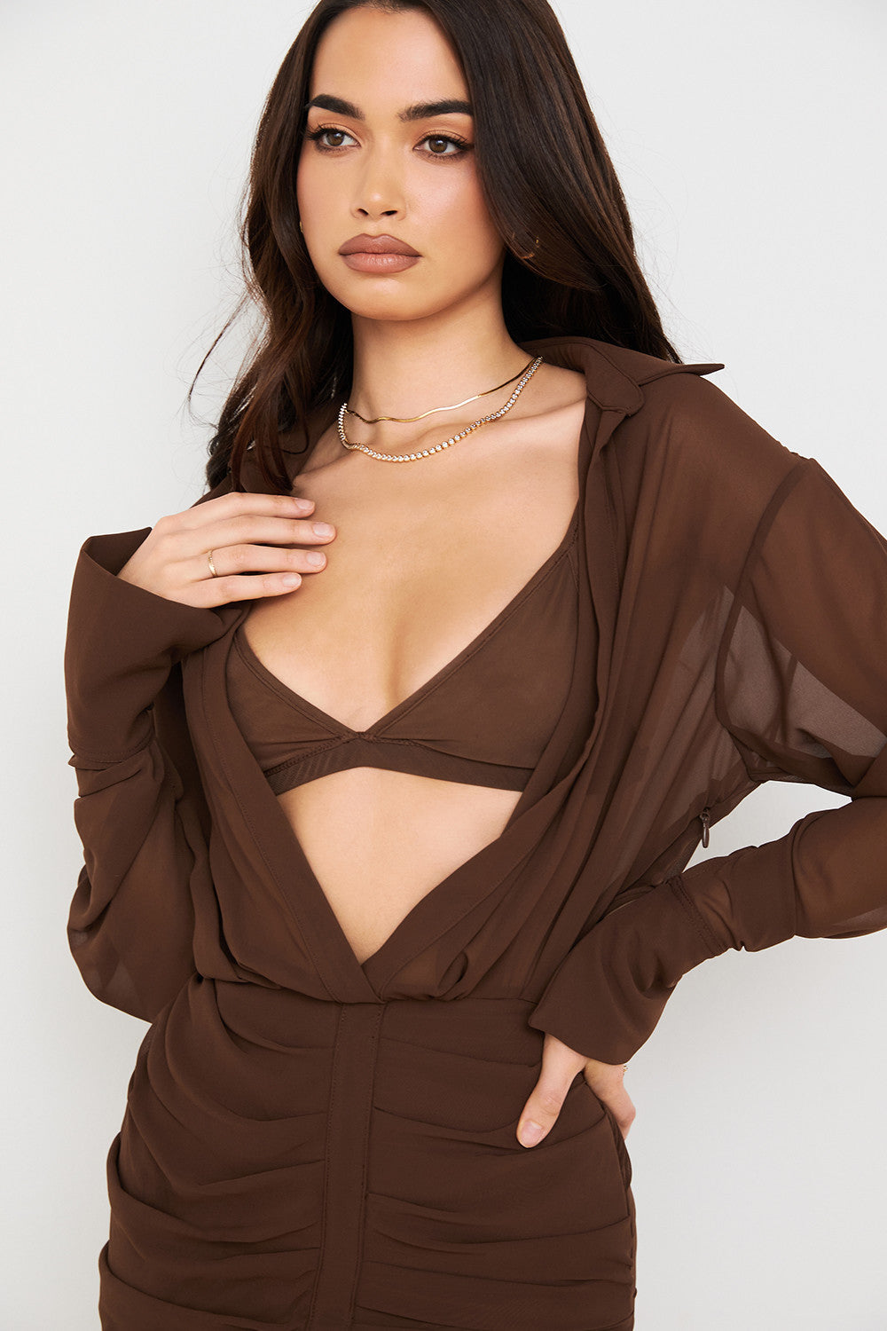 Stilla | Chokolade Chiffon Skjortekjole Og Bralette