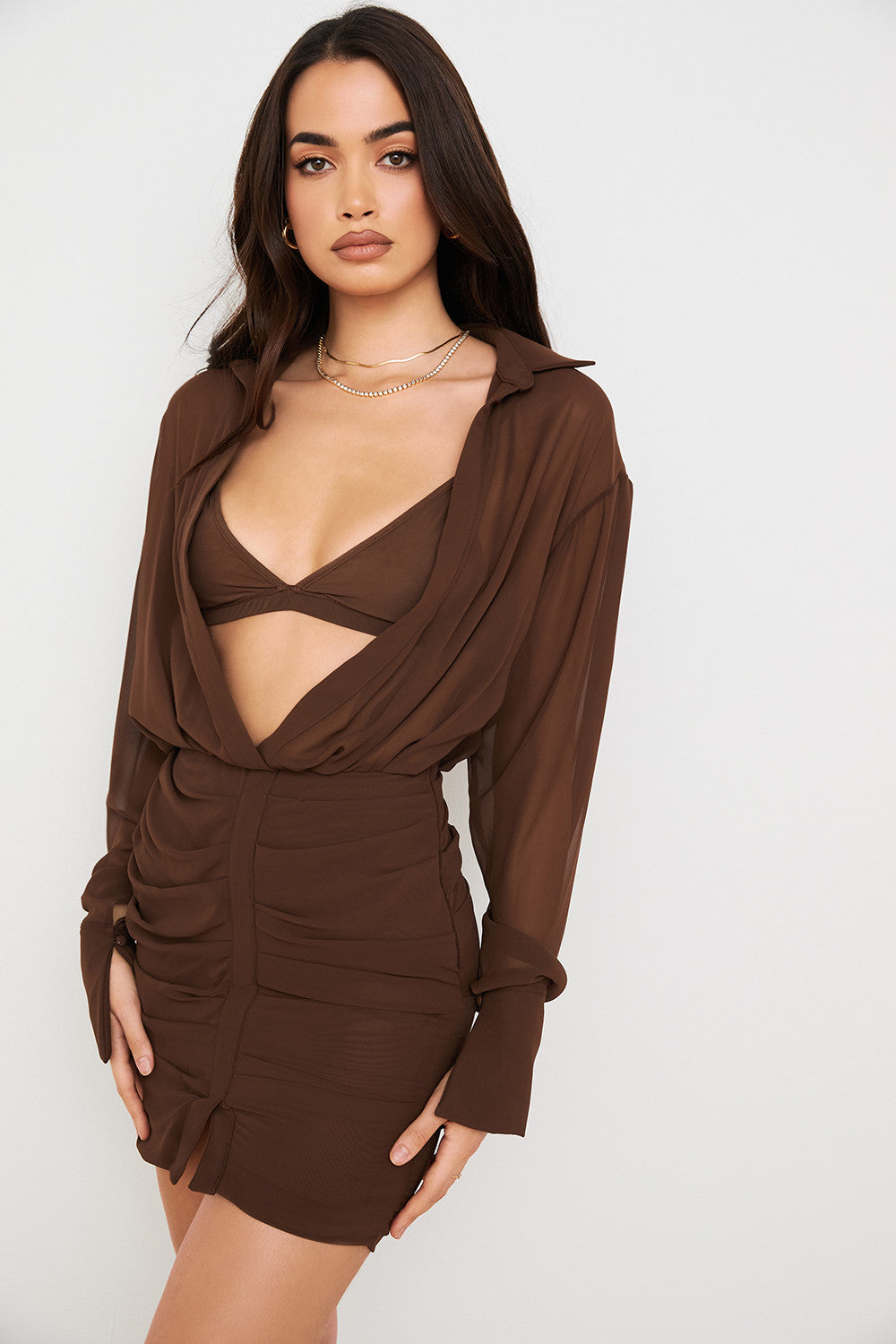 Stilla | Chokolade Chiffon Skjortekjole Og Bralette