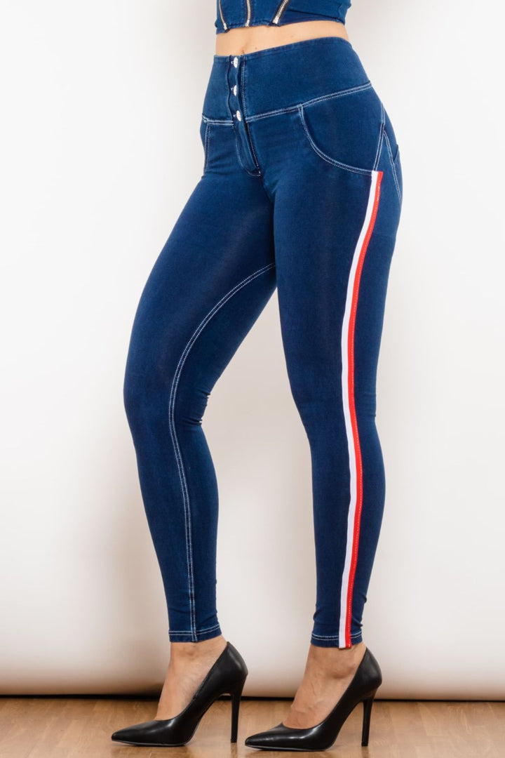 Stilla | Stribet Knap Høj Talje Skinny Jeans