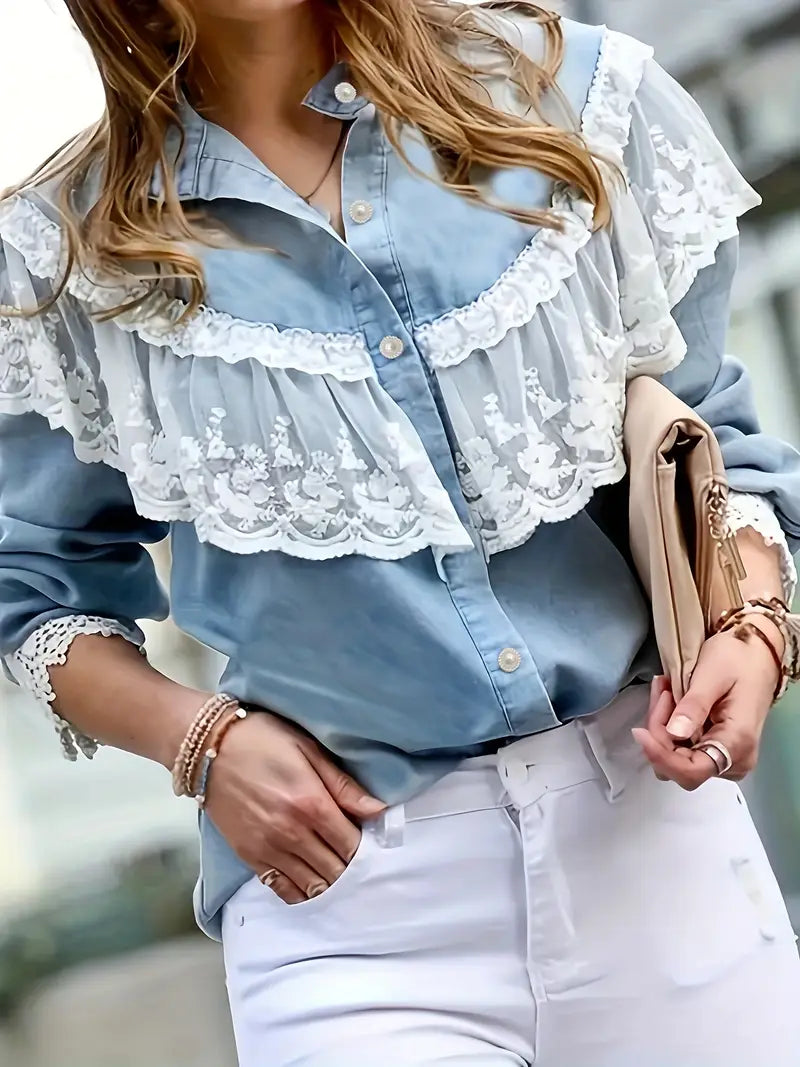 Stilla | Elegant Jeansbluse Med Spids