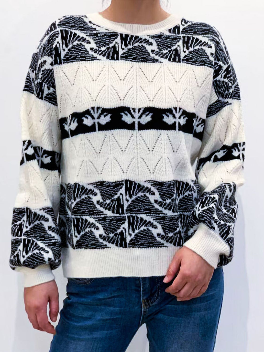 Stilla | Pullover Farveblok med Rund halsudskæring og Overskudte skuldre