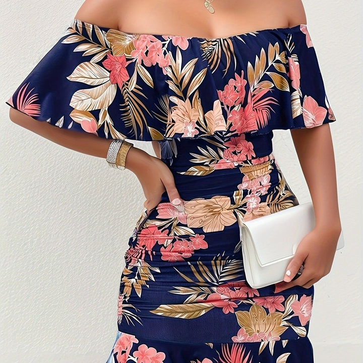 Stilla | Shoulder Kjole Med Blomster Sexy Bodycon Med Rynkninger Til Forår Og Sommer