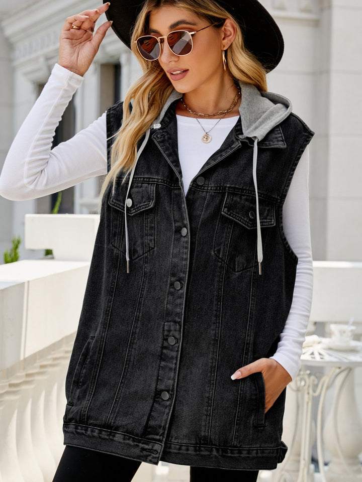 Stilla | Pocketed Button up Sleeveless Denim Jacket