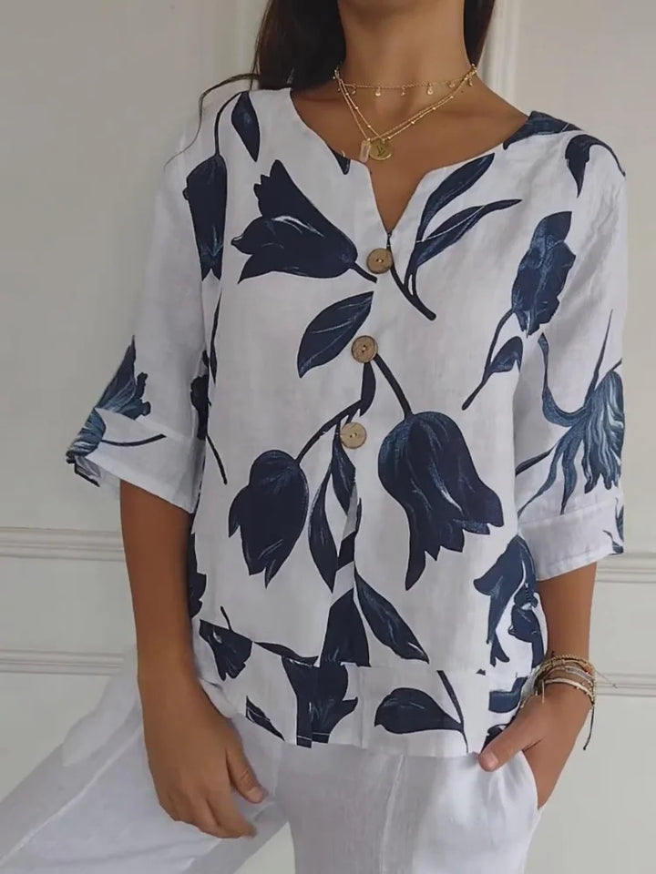 Stilla | Bluse V-Hals Med Blomster Mønster