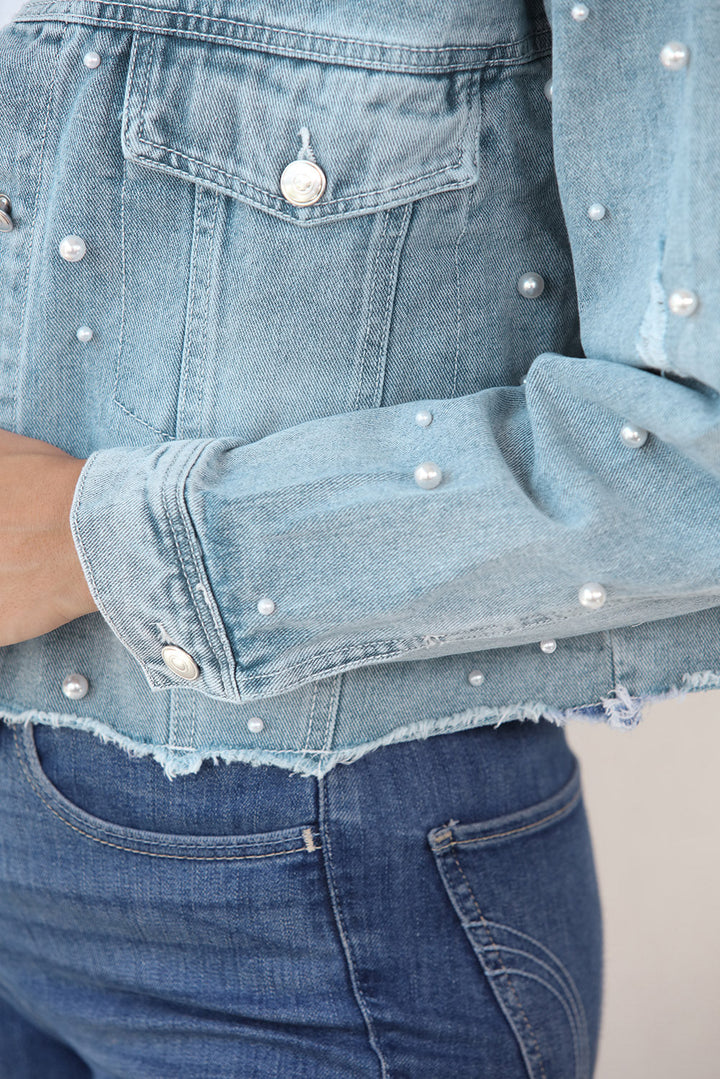 Stilla | Perle Trim Knappeluk Denim Jakke