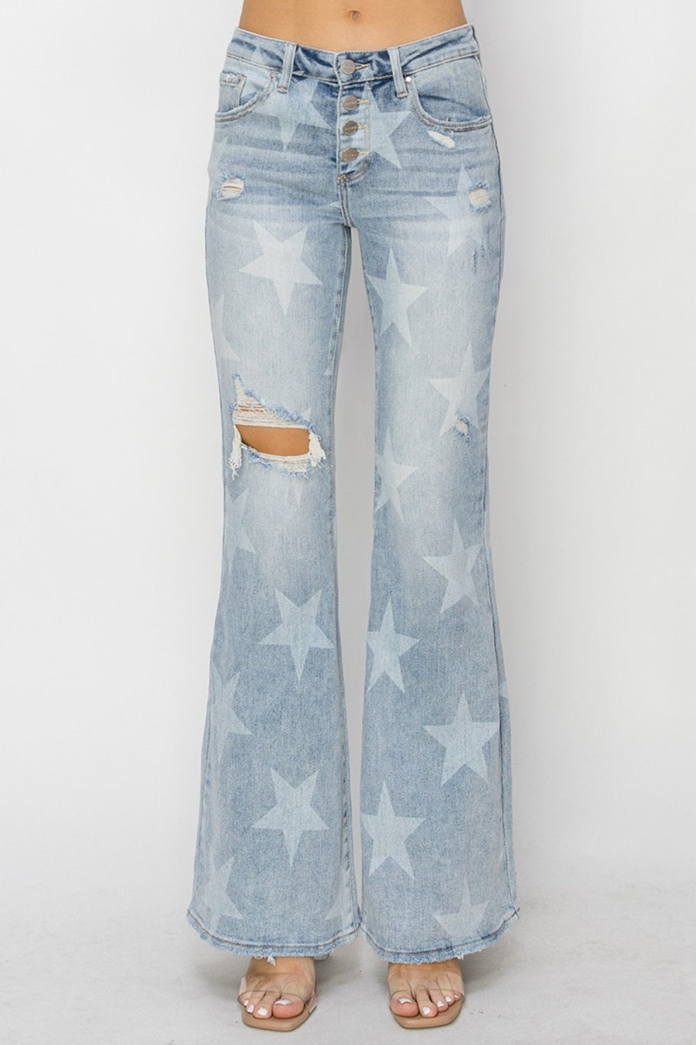 Stilla | Mellemhøj Talje Knap Gennemsigtig Start Print Flare Jeans