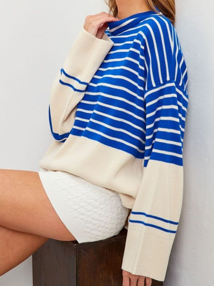 Stilla | Stribet Pullover Med Lange Ærmer og Ståkrave