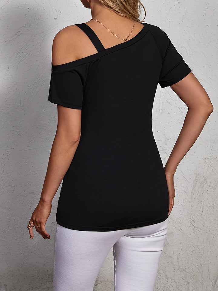 Stilla | T-Shirt Med Bare Skuldre Sort, Kort Ærme, Sommer Dekoreret Knap