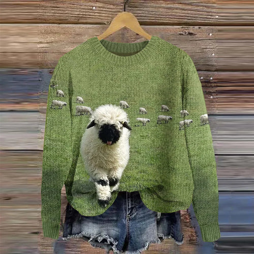 Stilla | Behagelig Strikpullover Med Rund Halsudskæring og Stray Sheep Tryk