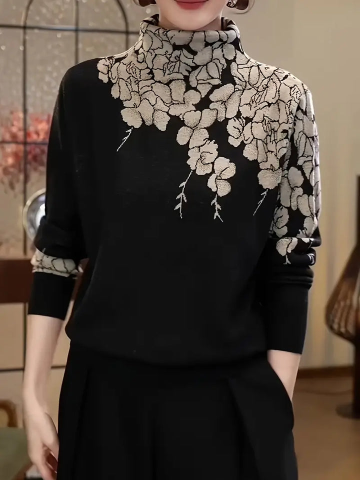 Stilla | Elegant strikpullover med rullekrave og blomstertryk