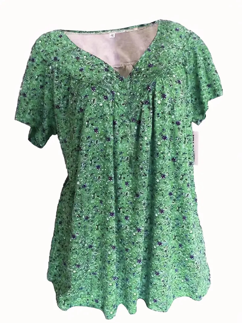 Stilla | Blomster Charm Plus Size V-Hals T-Shirt Med Korte Ærmer Boho T-Shirt