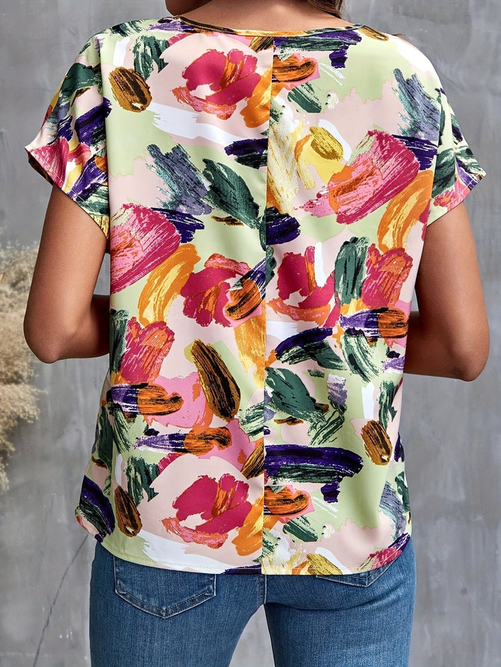 Stilla | Bluse Med Blomstermønster, Lette Flagermusrmser, Rund Udskæring, Korte Ærmer