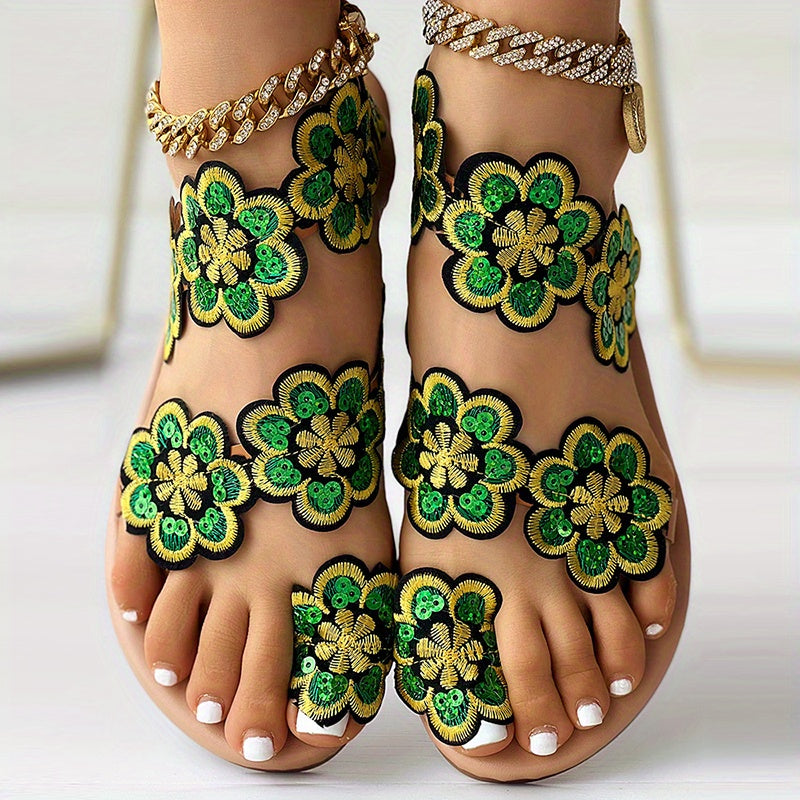 Stilla | Dame Blomster Sandaler På Platform, Slip on Med Perler Og Strap På Tå