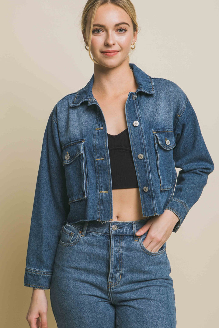 Stilla | Tree Raw Hem Knap up Cropped Denim Jakke