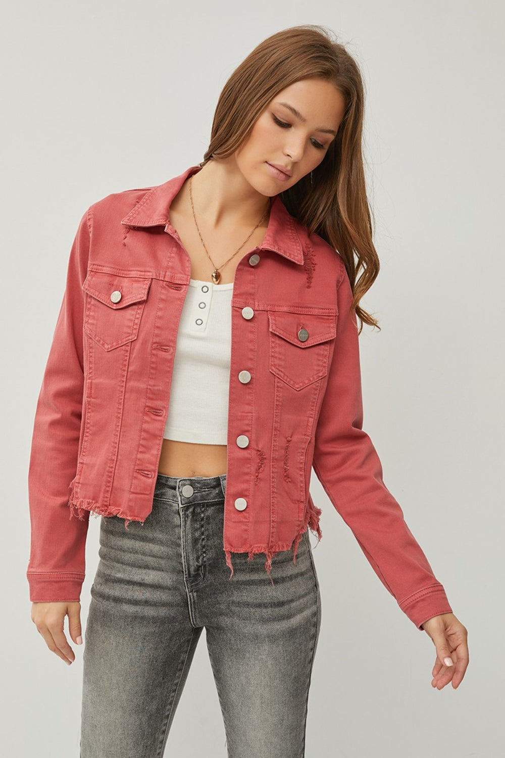 Stilla | Raw Hem Knap Op Forkortet Denim Jakke