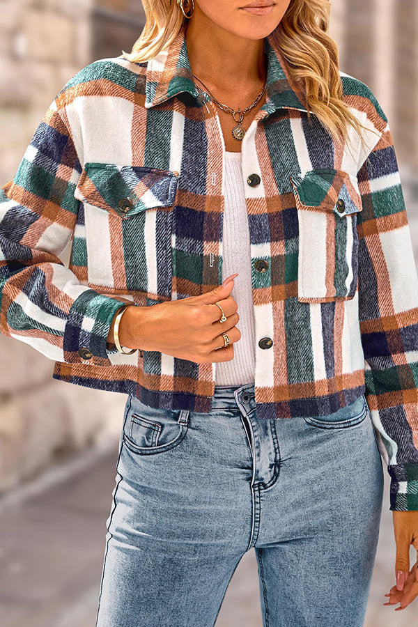 Stilla | Pocket Fashion Casual Cropped Damen Tjekket Jakke