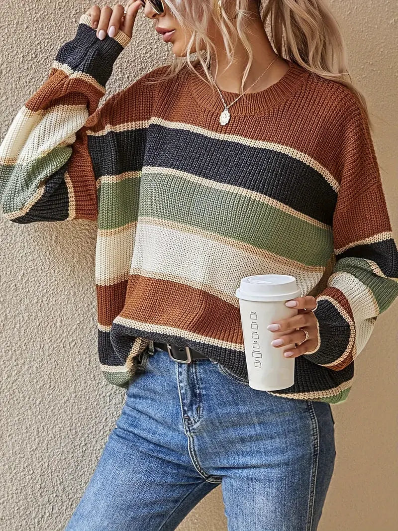 Stilla | Pullover Damer Af Stribet Kaffe Garn