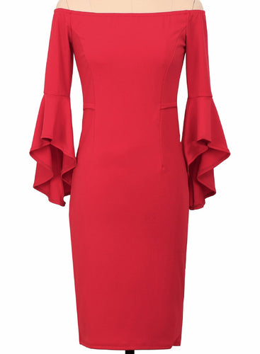 Stilla | Off Shoulder Flounce Ærme Bodycon Festkjole