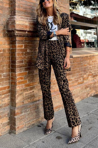 Stilla | Afslappet Blazer Sæt Med Revers Og Leopardlommer Og Elastisk Taljebukser, Vild Personlighed