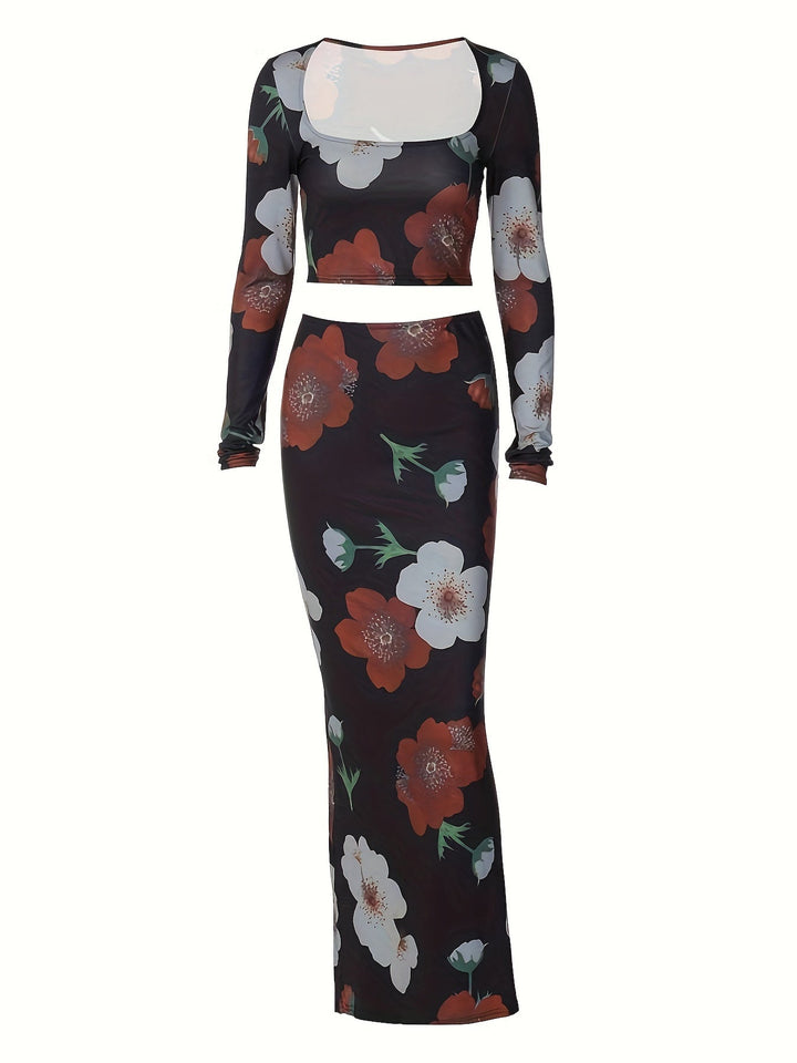 Stilla | Sort Blomstersæt Med Crop Top Og Maxi Nederdel