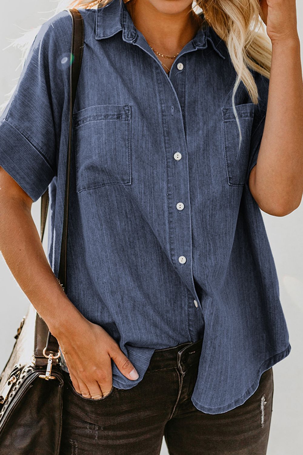 Stilla | Knaplukket Kortærmet Denimskjorte