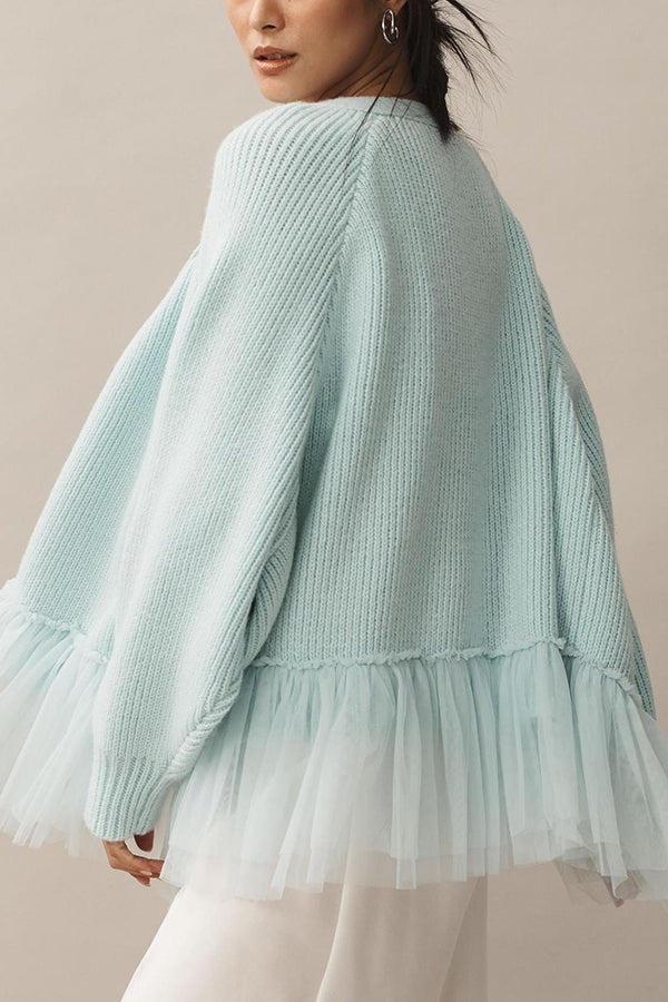 Stilla | Strik Cardigan med Mesh Flæse og Lange Ærmer