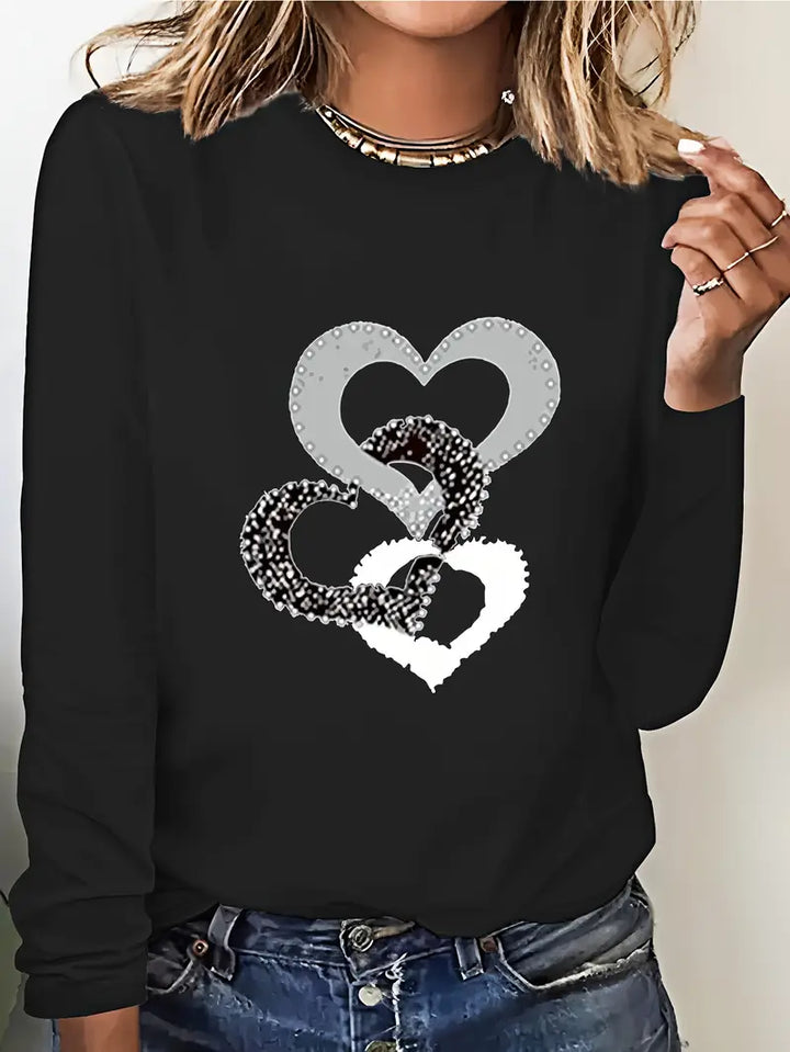 Stilla | T-Shirt Med Hjerteprint Og Lange Ærmer