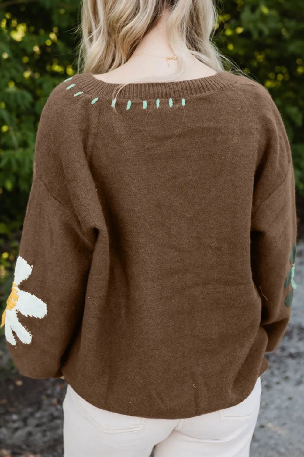 Stilla | Blomster Pullover Med V-udskæring og Nedsatte Skuldre