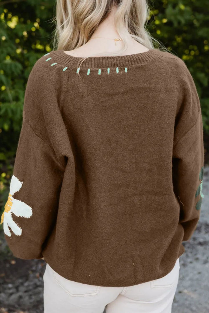 Stilla | Blomster Pullover Med V-udskæring og Nedsatte Skuldre