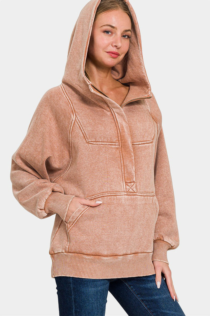 Stilla | Zenana Sweatjakke Med Kængurulomme Af Acid Vasket Fleece