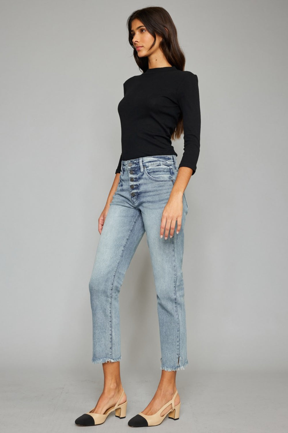 Stilla | Høj Talje Knap Lukning Rå Kant Cropped Straight Jeans