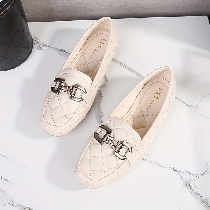 Stilla | Sorte Penny Loafers, Quiltet Mønster Med Perler, Let Flade Sko