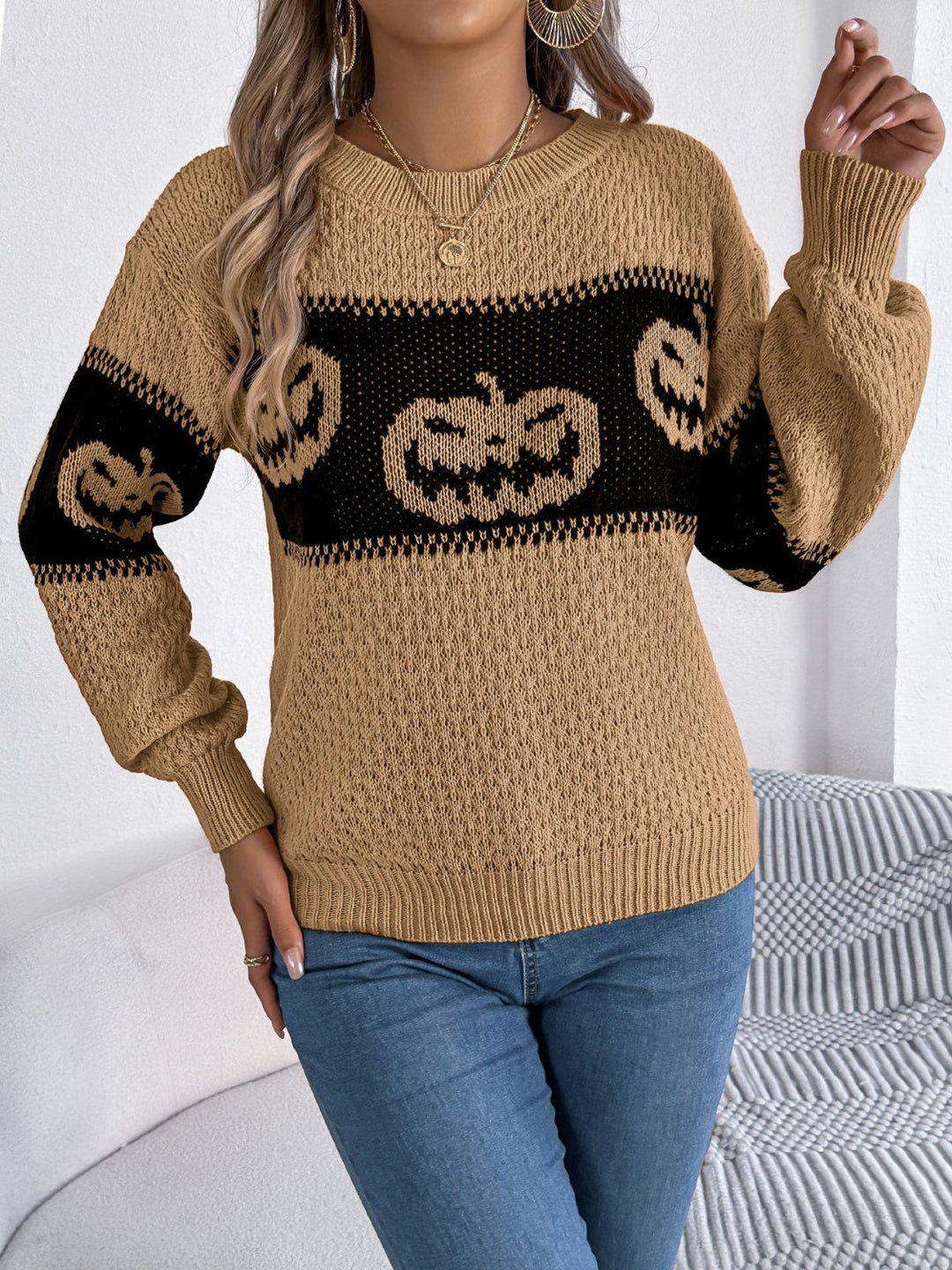 Stilla | Rundhalset Pullover Med Lange Ærmer Græskar