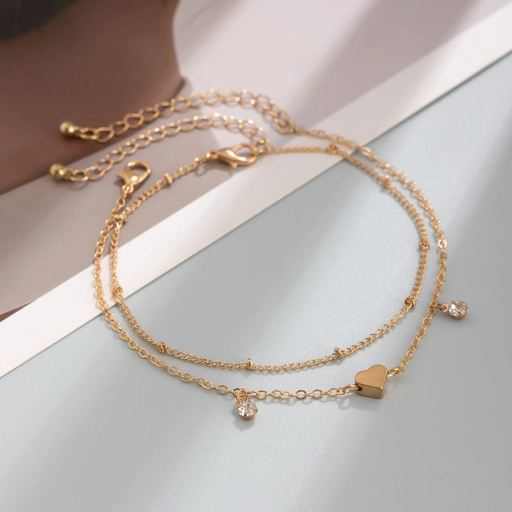 Sart 2Pcs Rhinestone Hjerte Charm Saturn Kæde Anklet Sæt
