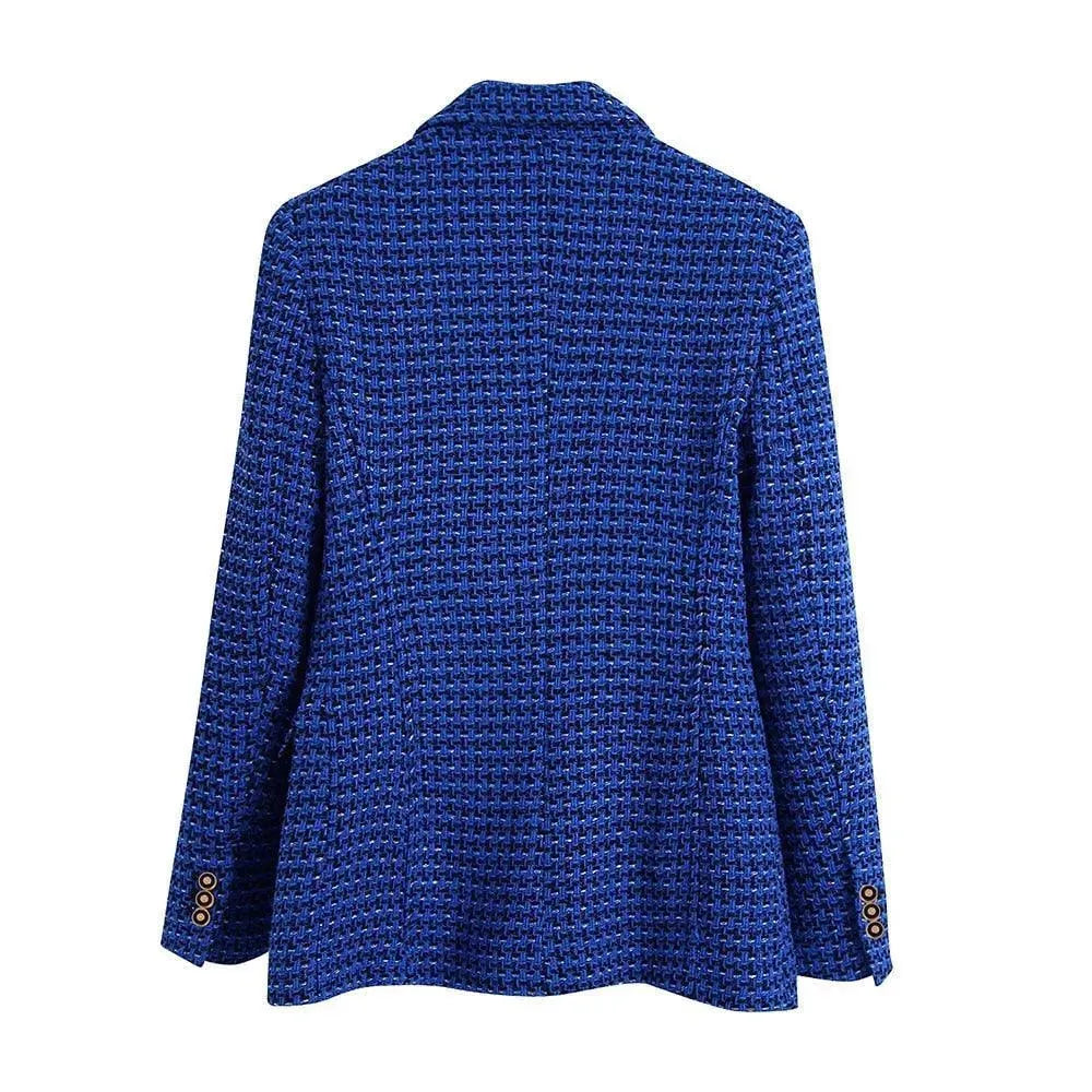 Stilla | Mørkeblå Tweed Blazer Dame - Læder - Tjekket