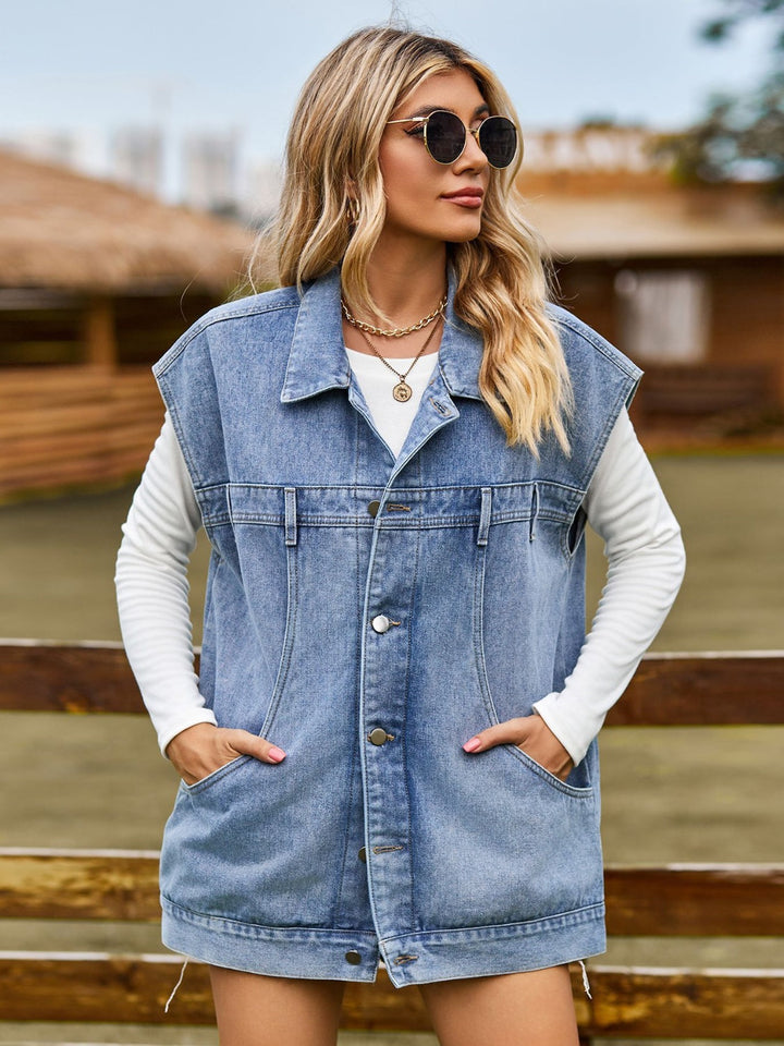 Stilla | Up Collared Neck Sleeveless Denim Jacket
