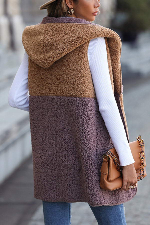 Stilla | Ærmeløs Colorblock-løsning Mid-Length Cardigan Puff-velours-jakke