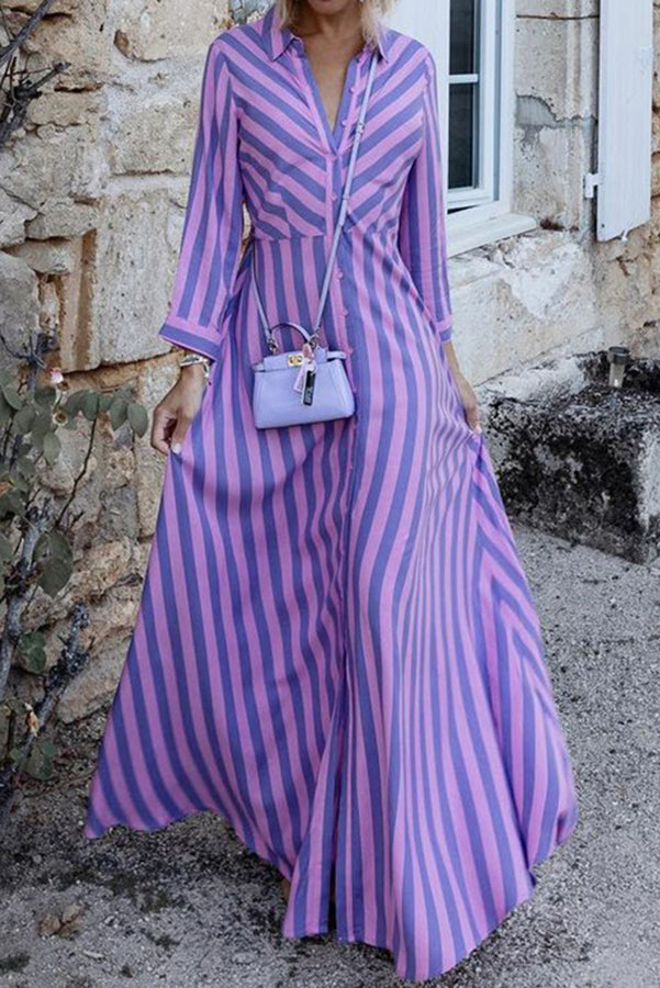 Stilla | Svær at Fang Stripe Print Skjorte Maxi Kjole