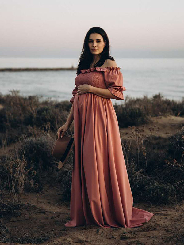 Stilla | Maxi Kjole Volanger Åbne Skuldre Bådformet Udhulning Chic Mode Kjole Til Graviditetsfotografi