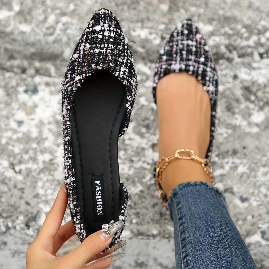 Stilla | Elegant Flad Tå Spids, Udskåret Side Tweed Slip on Sko
