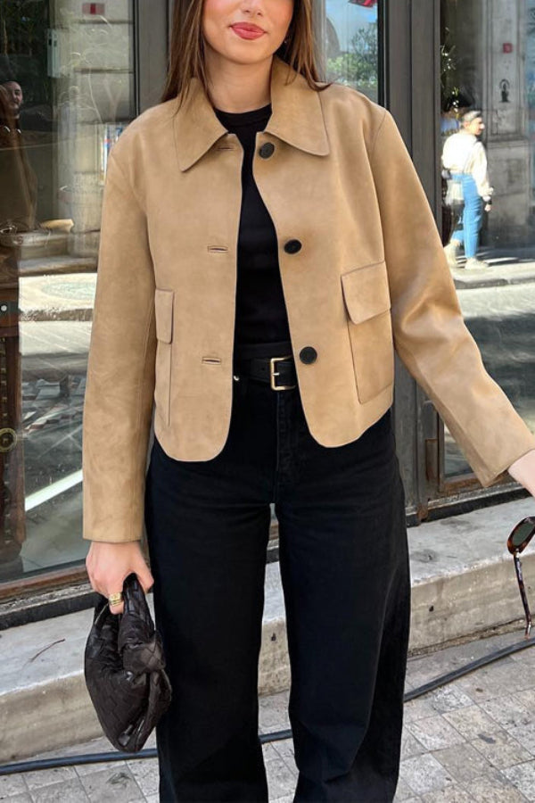 Stilla | Knaplukning Lomme Faux Suede Crop Jakke