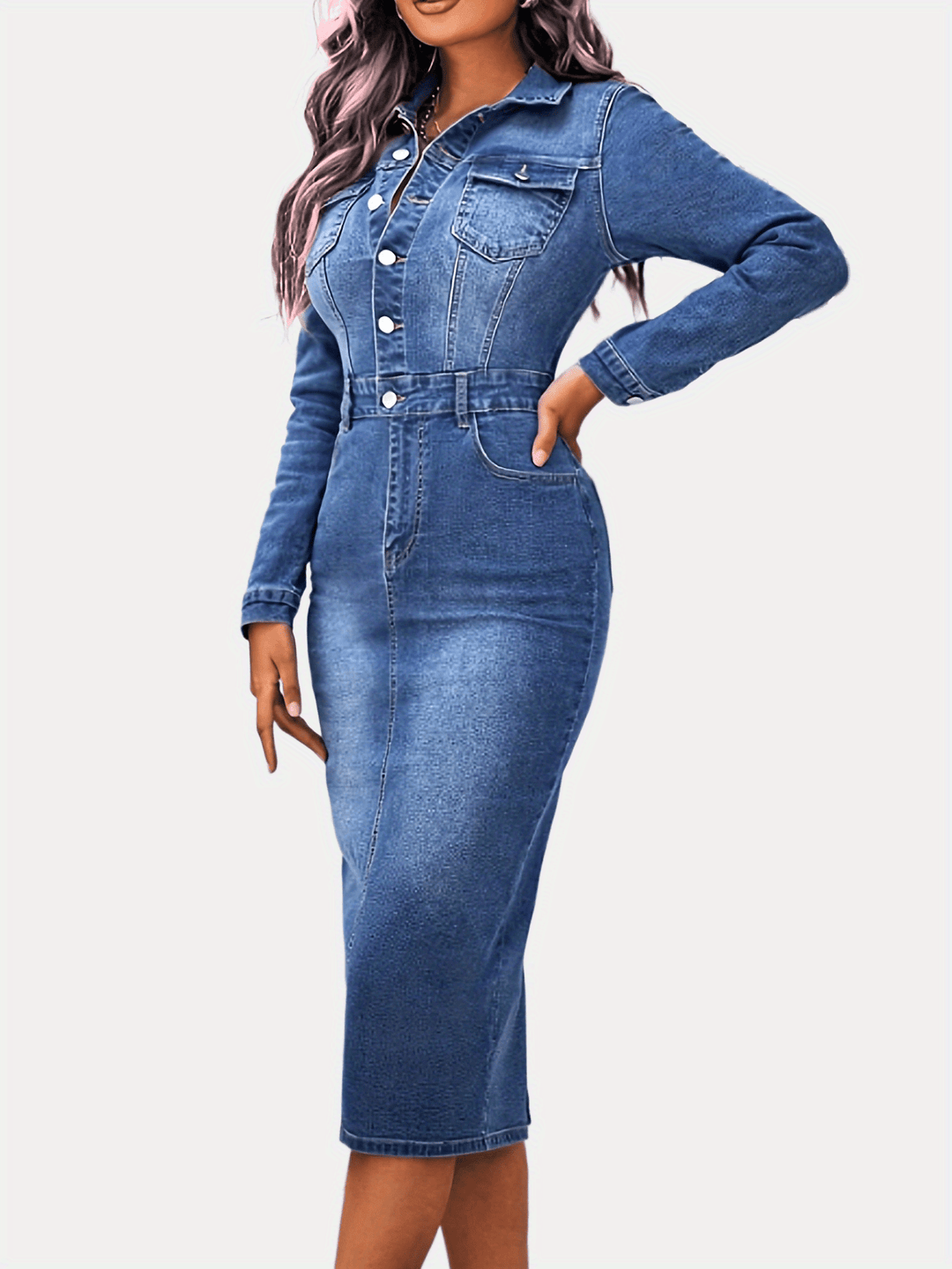 Stilla | Blå Denimkjole Med Lange Ærmer