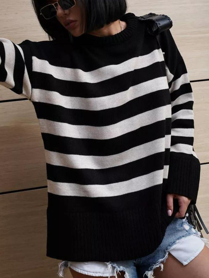 Stilla | Stribet Pullover Med Rund Hals og Slids