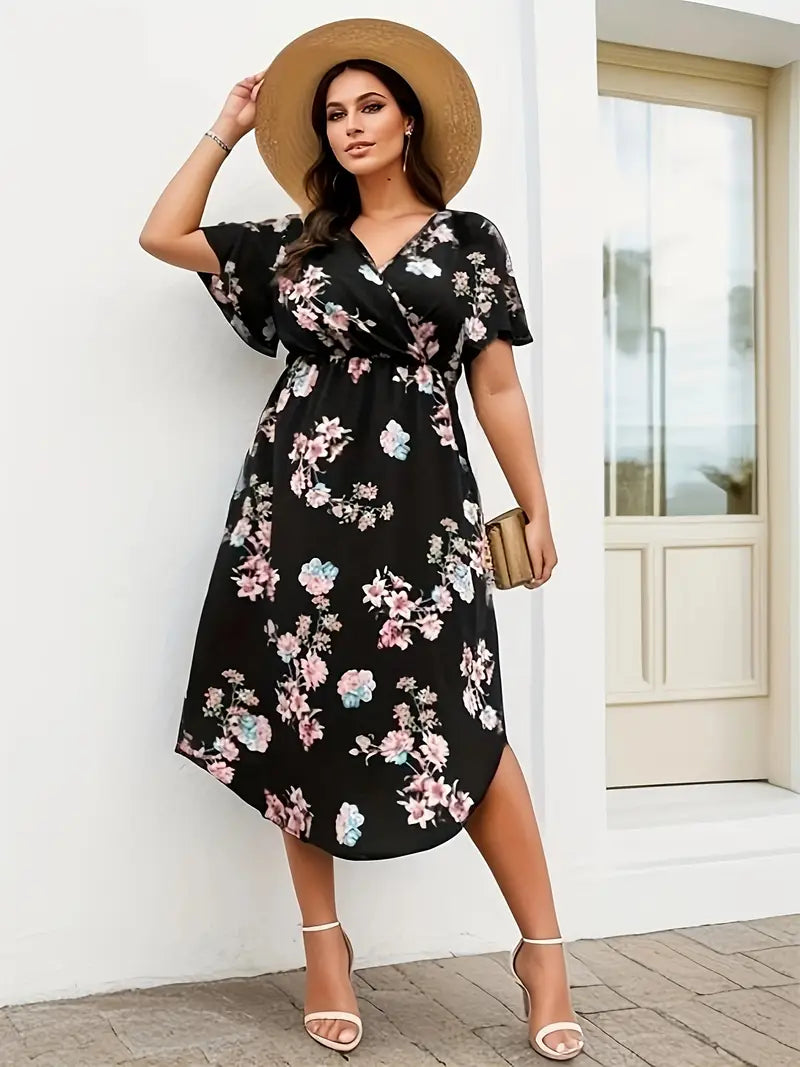 Stilla | Store Størrelser Elegant Maxi Kjole Sort Blomsterprint, Flagermus Ærmer V-Hals