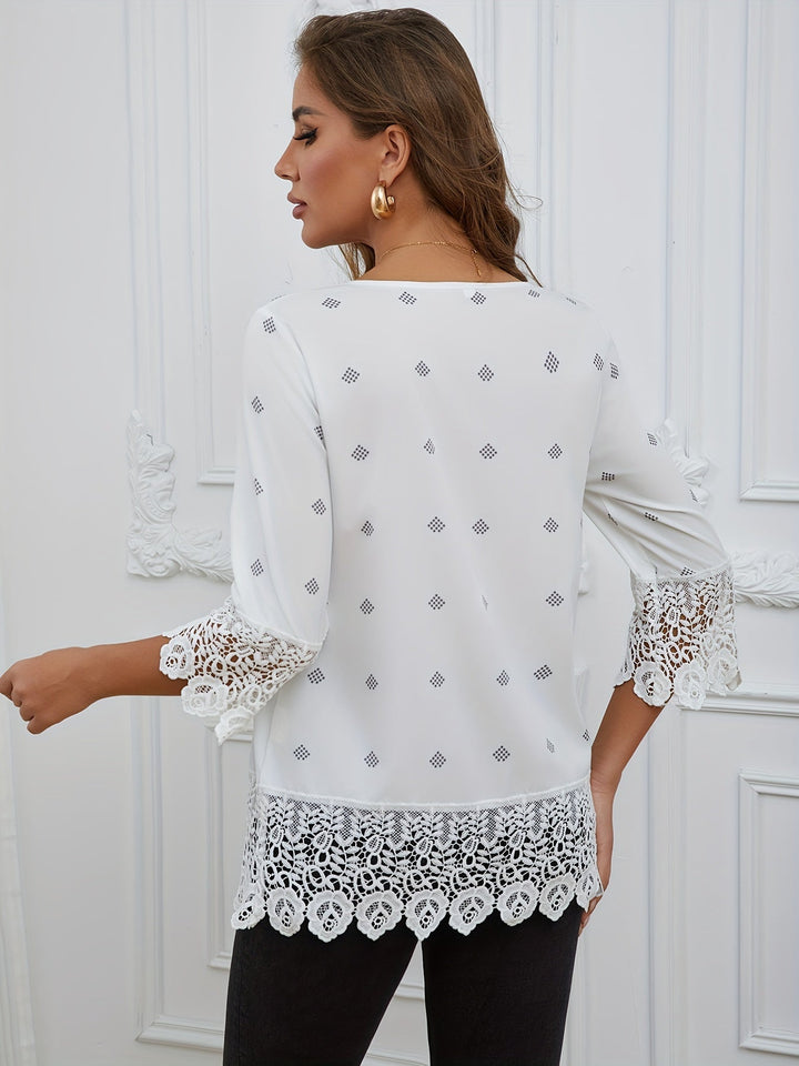 Stilla | Bluse Med Blondekant, Ærmer, Rund Halsudskæring, Afslappet Look