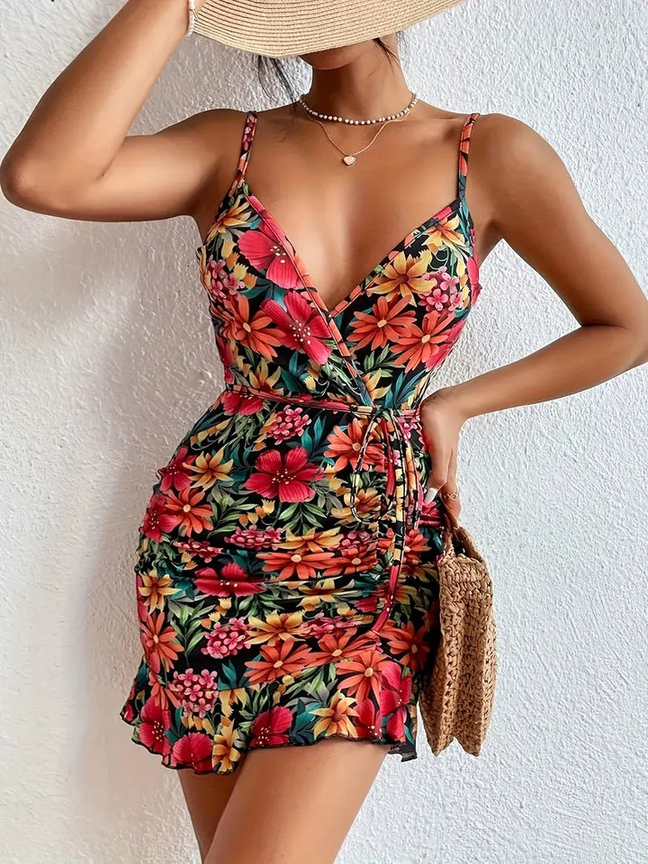 Stilla | Sommerkjole Spaghetti Stropper Bodycon Fit Rynket & Sløjfedetalje