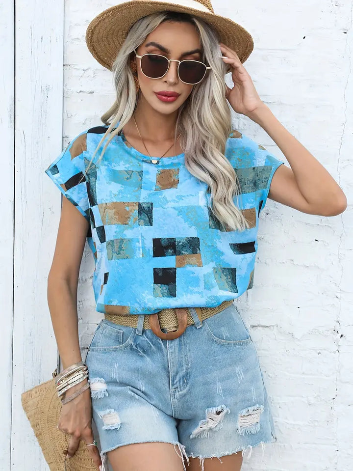 Stilla | T-Shirt Med Aztec Print Let Top Med Kortærmer Og Rund Hals