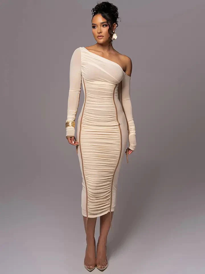 Stilla | Bodycon Mesh Detail Maxikjole Beige